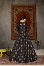 Load image into Gallery viewer, Black Foilage Print Taffeta Silk Party Wear Gown Semi Stitched ClothsVilla