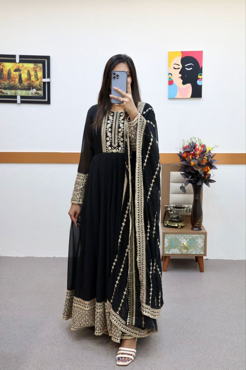Black Gown in Faux Georgette with Embroidery Sequence Work ClothsVilla Main image