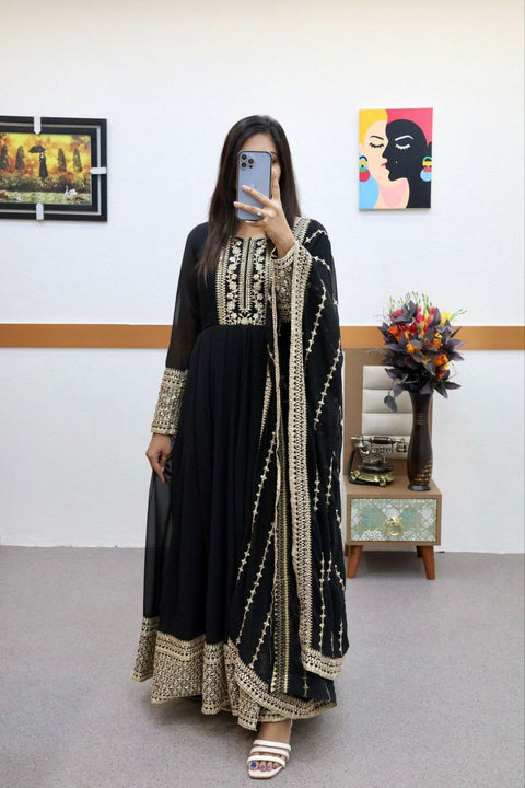 Black Gown in Faux Georgette with Embroidery Sequence Work ClothsVilla Main image