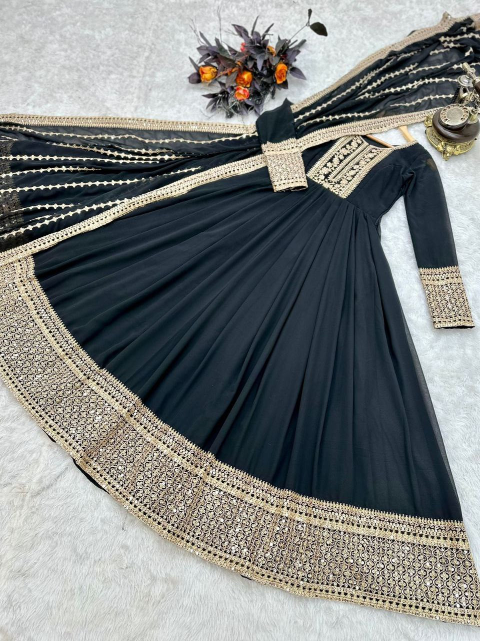 Black Gown in Faux Georgette with Embroidery Sequence Work ClothsVilla