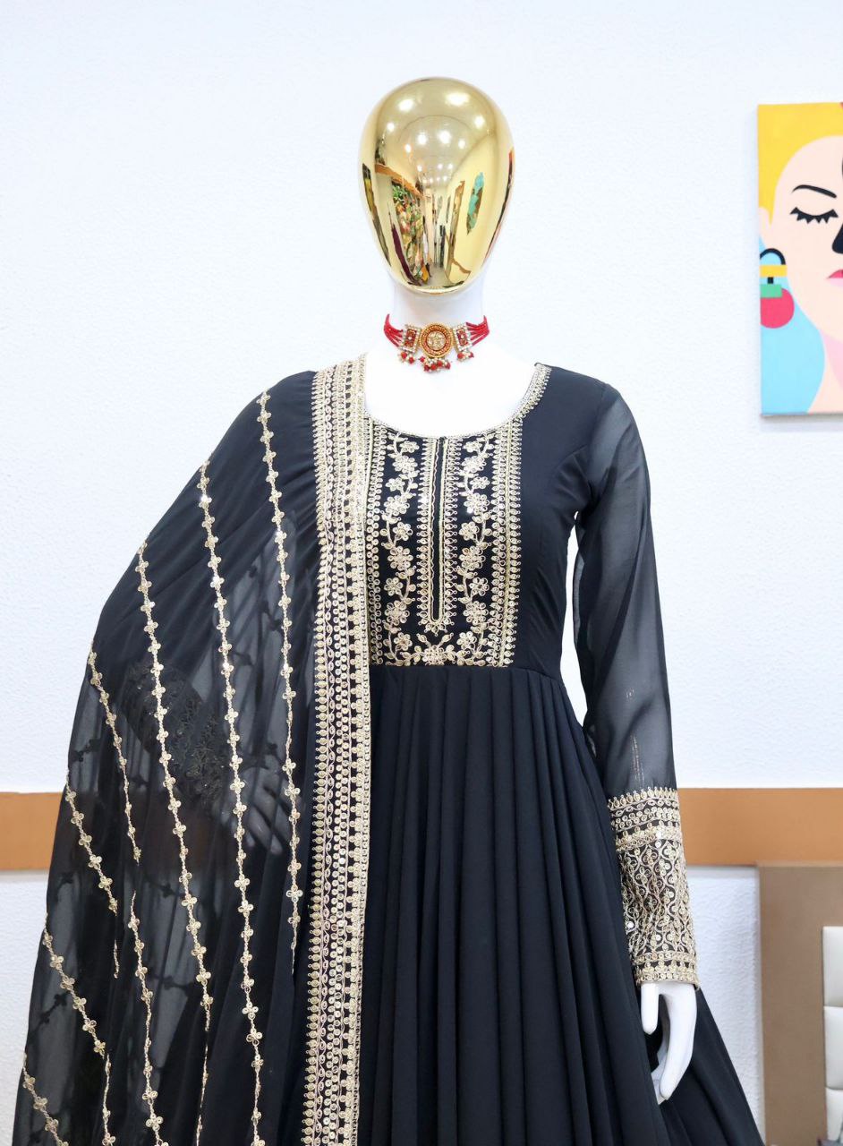 Black Gown in Faux Georgette with Embroidery Sequence Work ClothsVilla