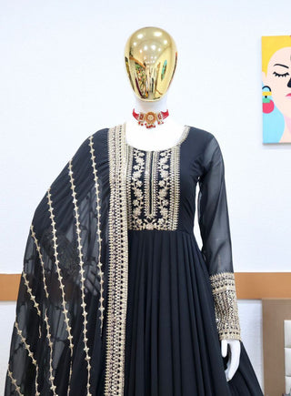 Black Gown in Faux Georgette with Embroidery Sequence Work ClothsVilla