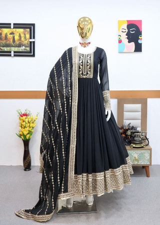 Black Gown in Faux Georgette with Embroidery Sequence Work ClothsVilla