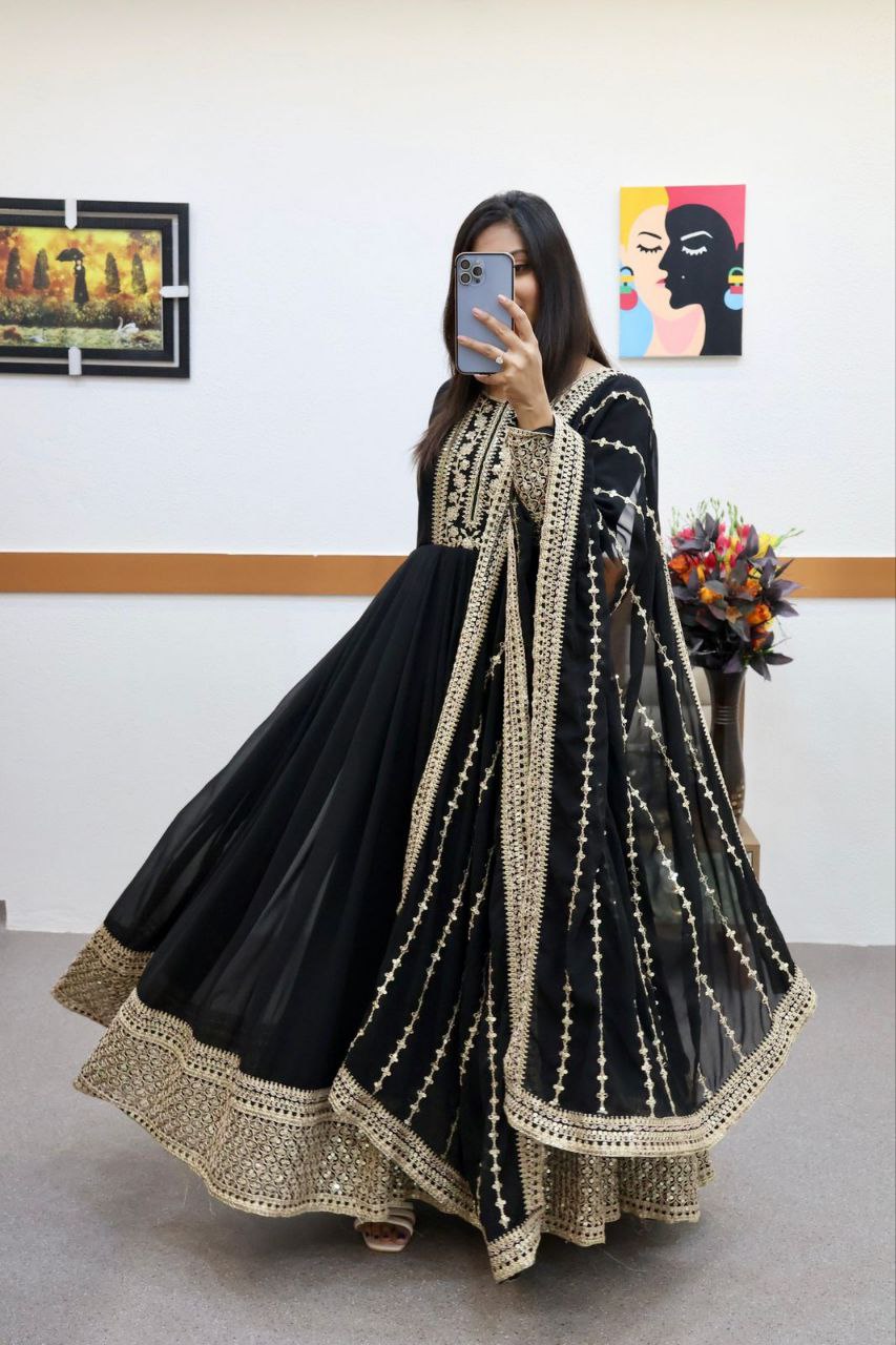 Black Gown in Faux Georgette with Embroidery Sequence Work Secondary image