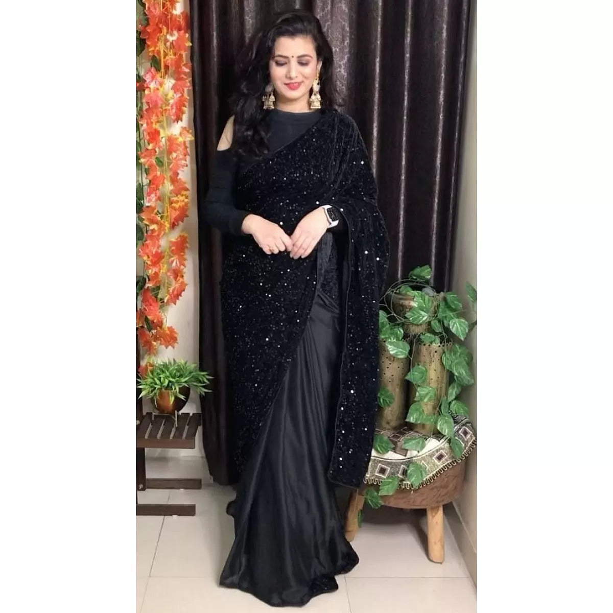 Black Half Velvet Sequence Work and Half Satin Partywear Saree ClothsVilla