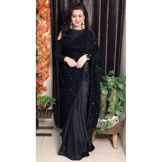 Black Half Velvet Sequence Work and Half Satin Partywear Saree ClothsVilla