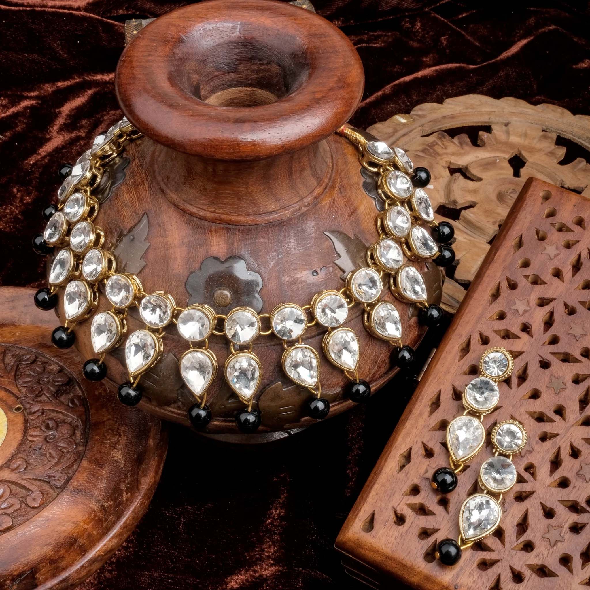 Black Pearl and Dimond Necklace Alloy Gold-plated Jewel Set ClothsVilla
