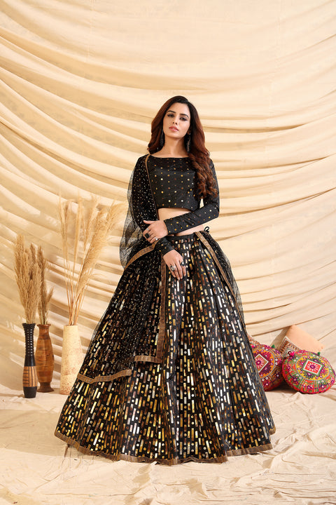 Black Pigment Foil Printed Taffeta Silk Party Wear Lehenga Choli ClothsVilla Main image