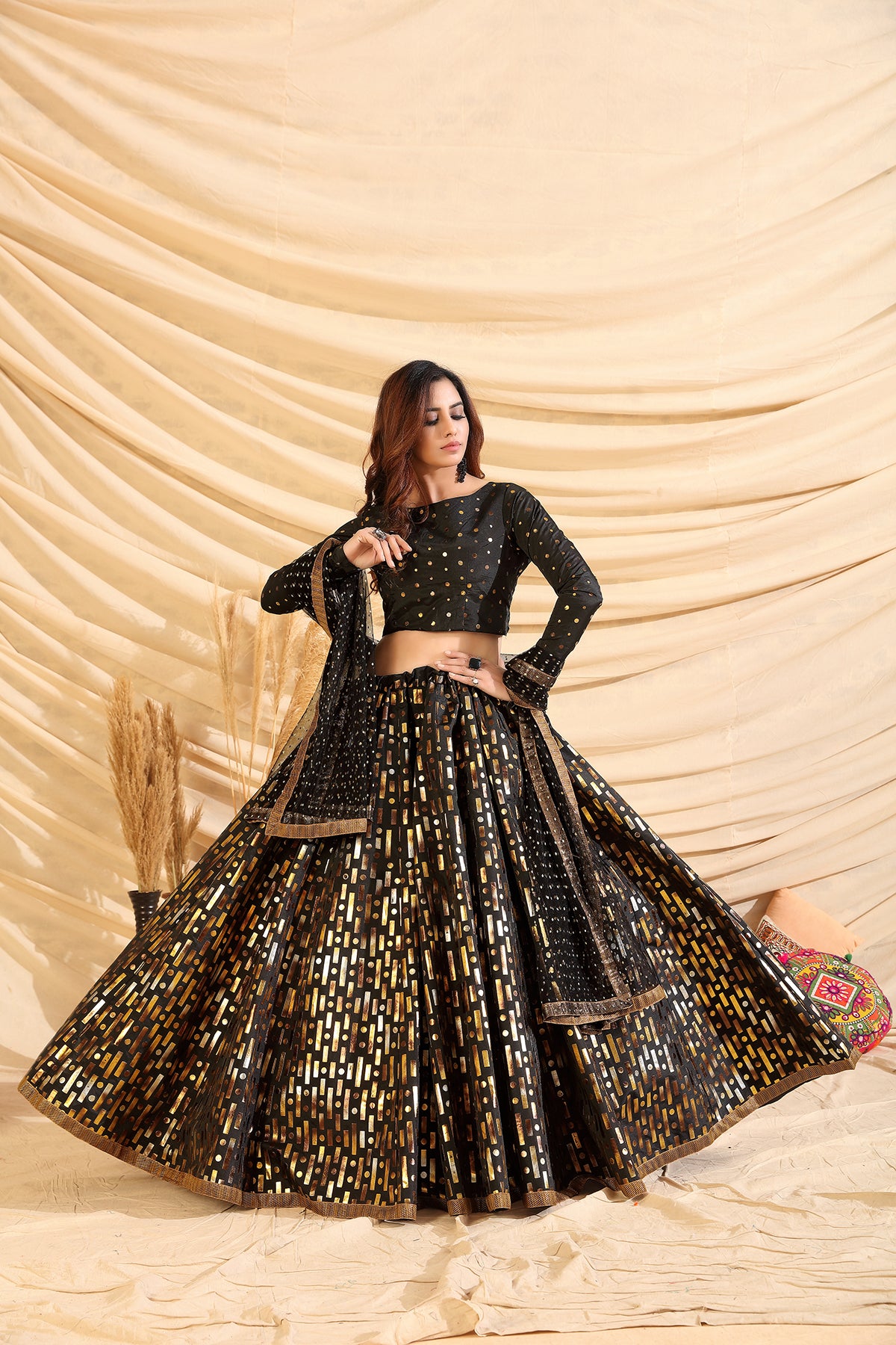 Black Pigment Foil Printed Taffeta Silk Party Wear Lehenga Choli ClothsVilla