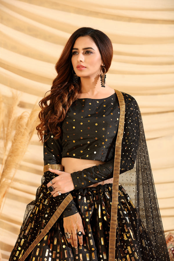 Black Pigment Foil Printed Taffeta Silk Party Wear Lehenga Choli ClothsVilla