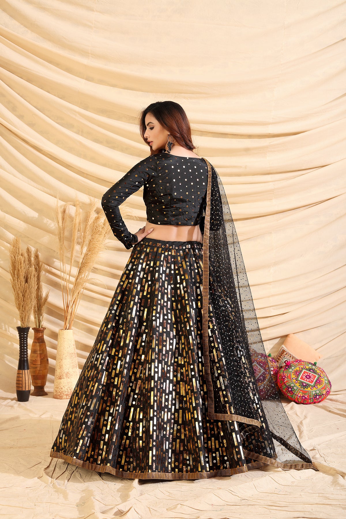 Black Pigment Foil Printed Taffeta Silk Party Wear Lehenga Choli ClothsVilla