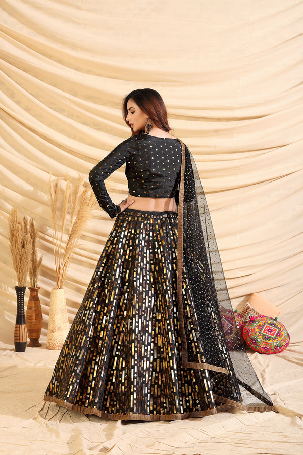 Black Pigment Foil Printed Taffeta Silk Party Wear Lehenga Choli ClothsVilla