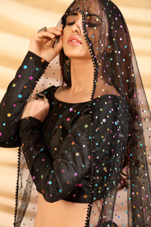 Black Pigment Foil Printed Taffeta Silk Semi Stitched Partywear Lehenga ClothsVilla