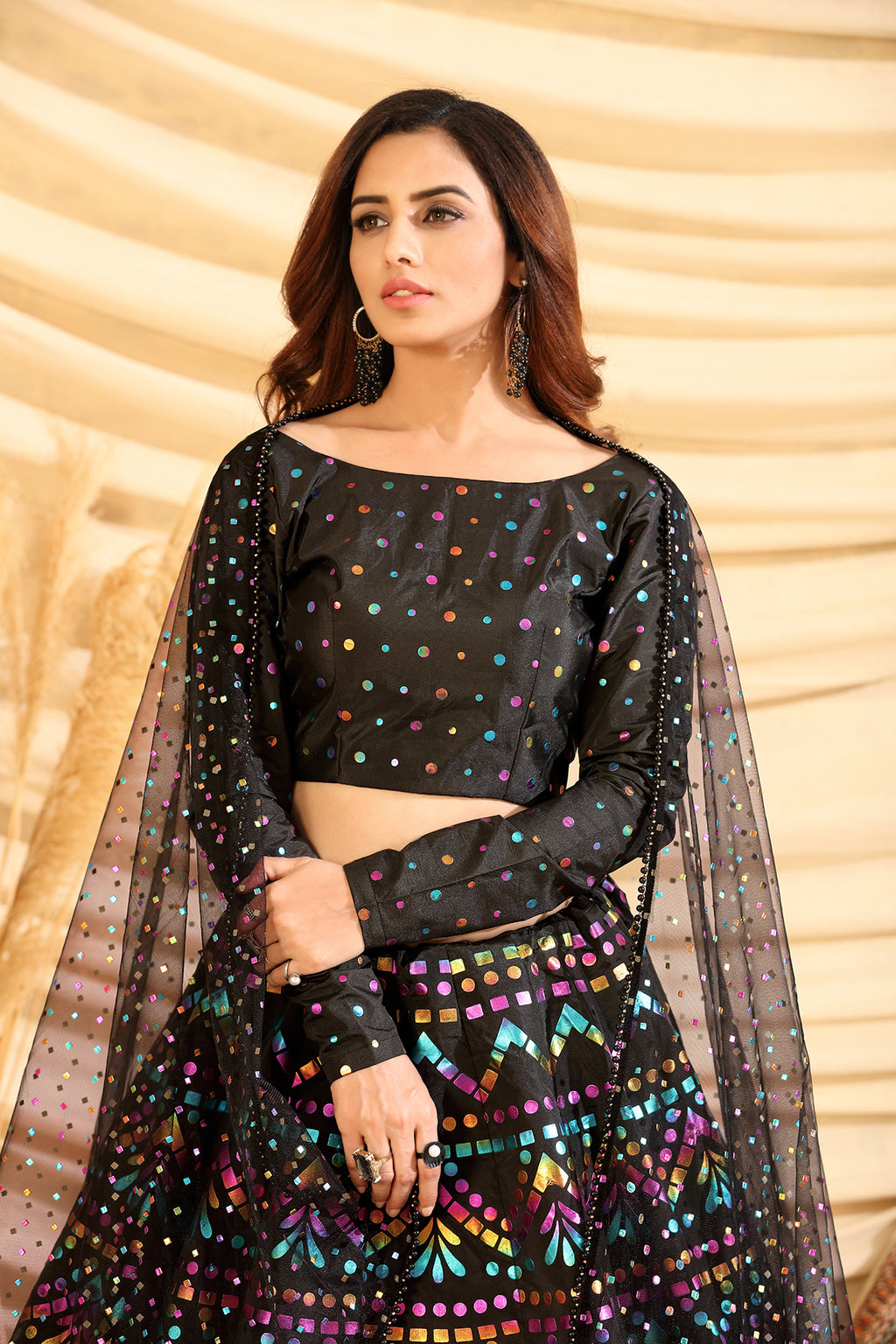 Black Pigment Foil Printed Taffeta Silk Semi Stitched Partywear Lehenga ClothsVilla