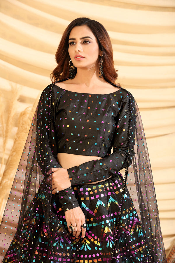 Black Pigment Foil Printed Taffeta Silk Semi Stitched Partywear Lehenga ClothsVilla