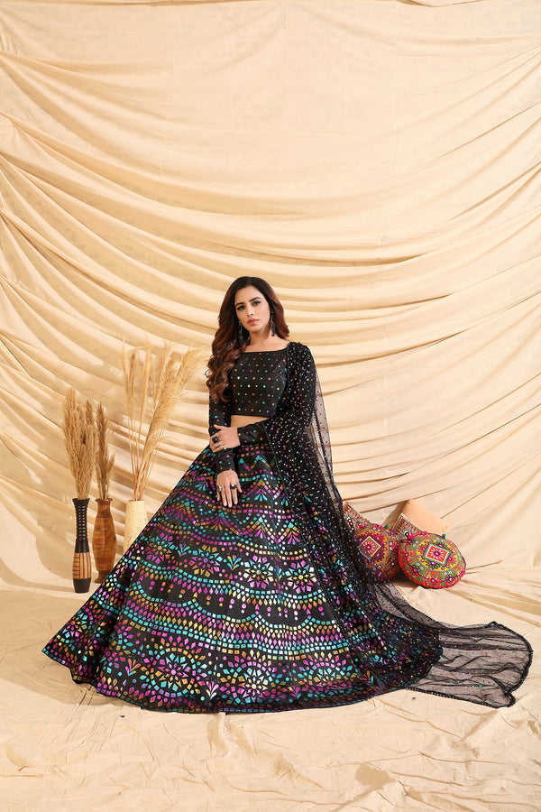 Black Pigment Foil Printed Taffeta Silk Semi Stitched Partywear Lehenga ClothsVilla