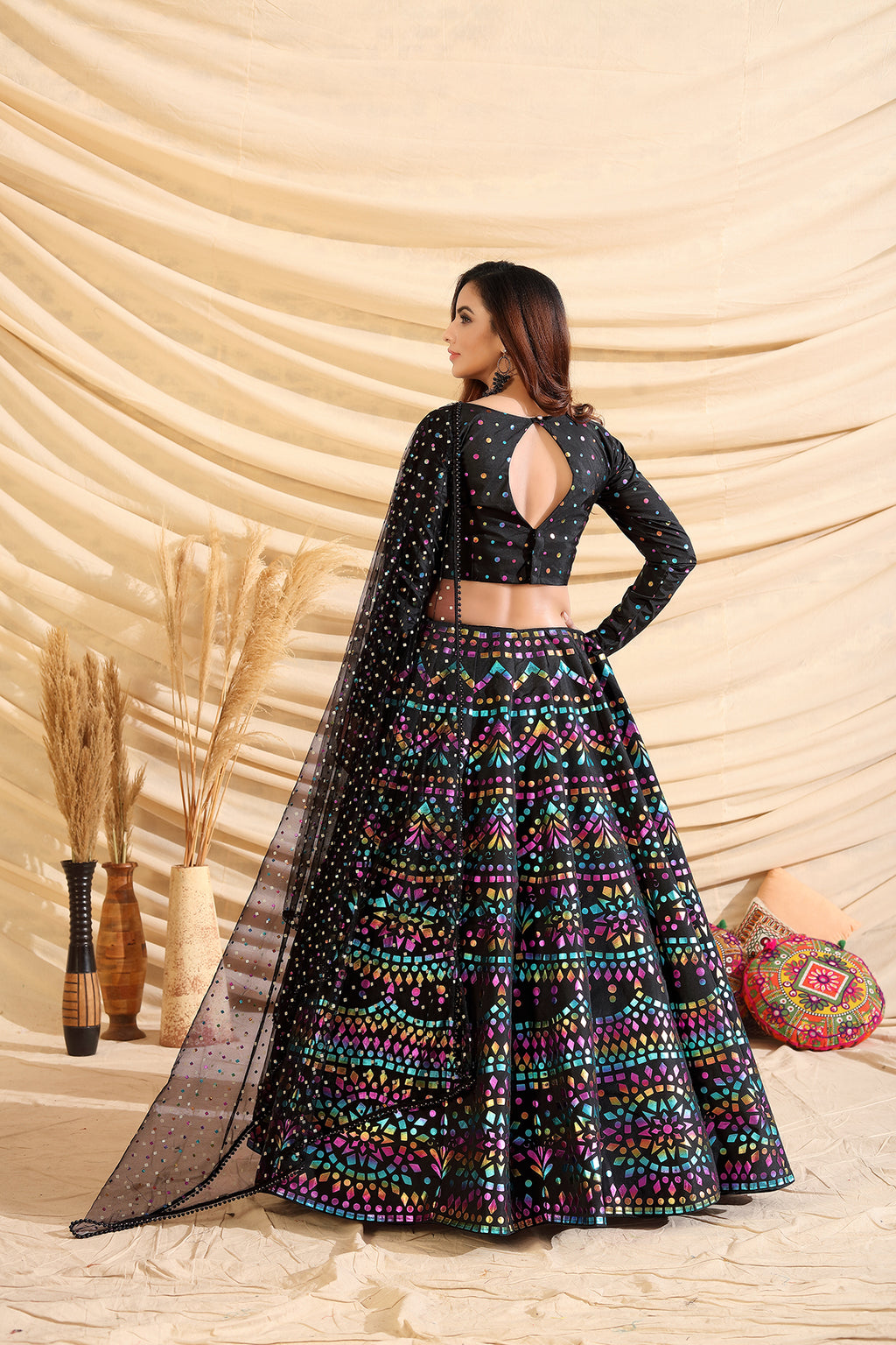 Black Pigment Foil Printed Taffeta Silk Semi Stitched Partywear Lehenga ClothsVilla