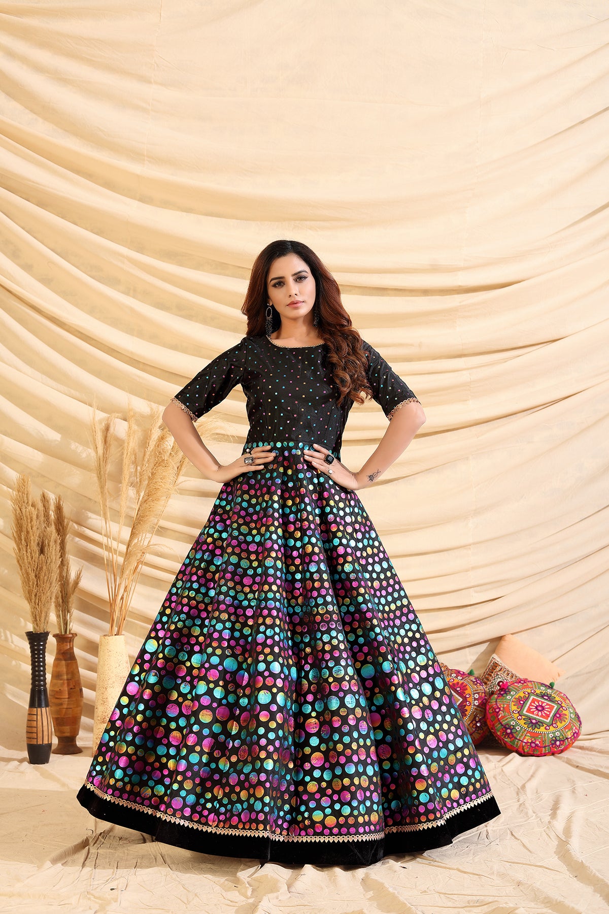 Black Pigment Foliage Taffeta Silk Party Wear Gown Semi Stitched ClothsVilla