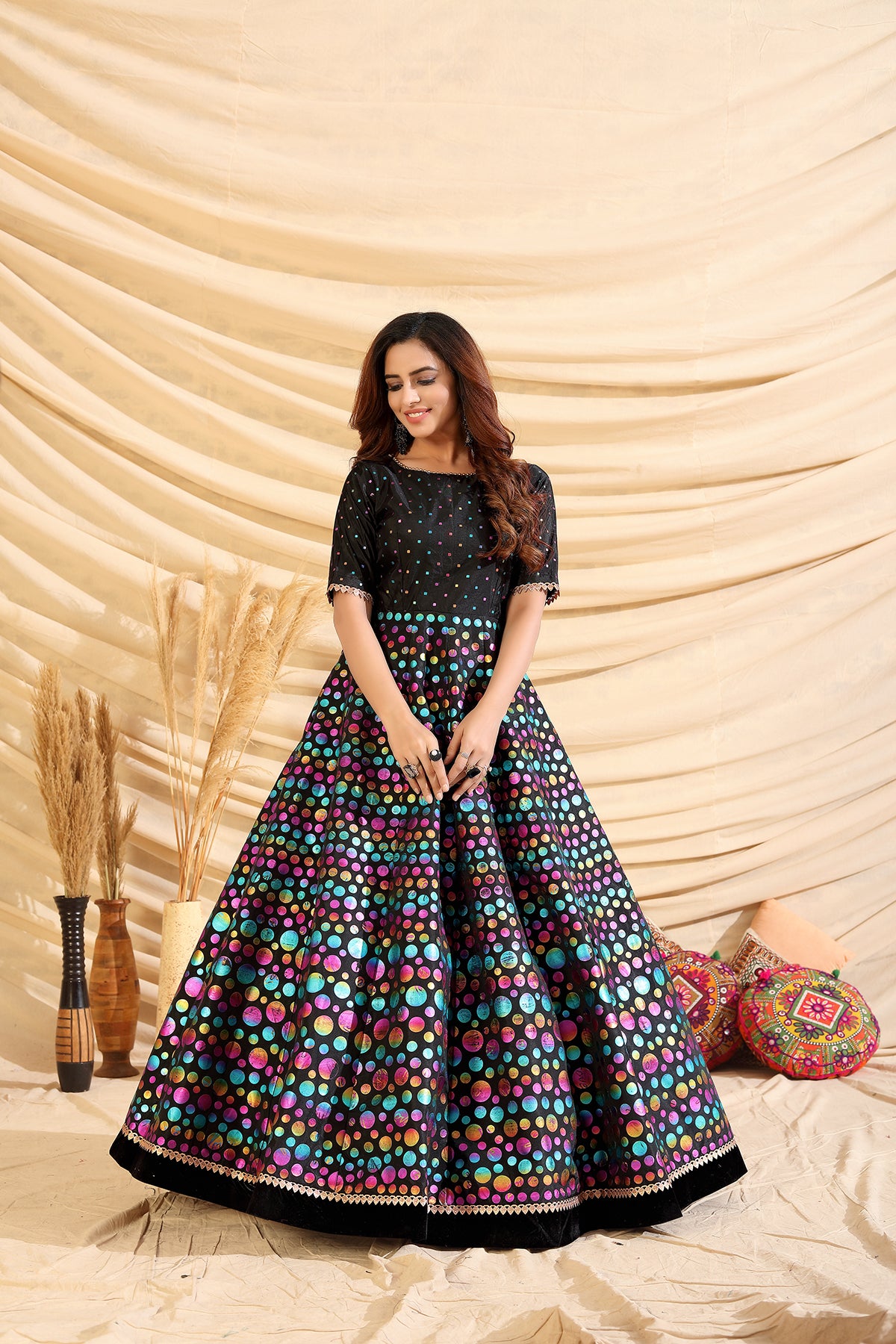 Black Pigment Foliage Taffeta Silk Party Wear Gown Semi Stitched ClothsVilla