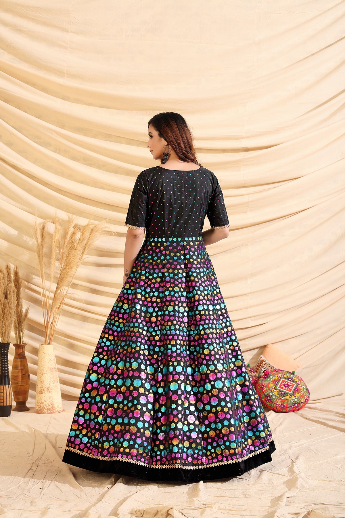 Black Pigment Foliage Taffeta Silk Party Wear Gown Semi Stitched ClothsVilla