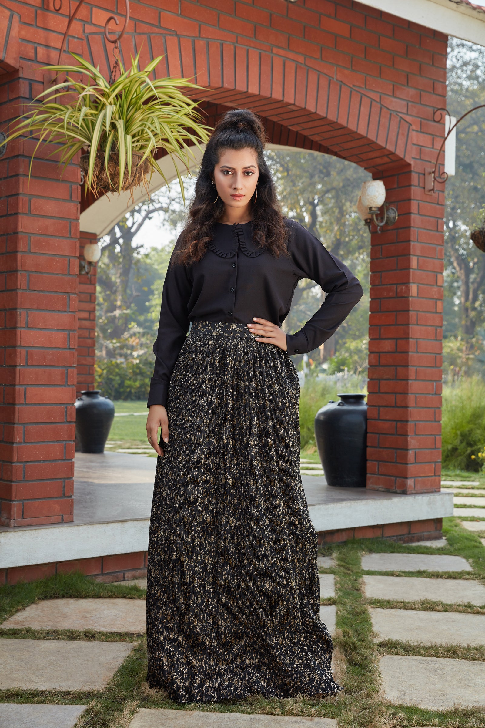 Black Printed Imported Indo Western Ready To Wear Skirt With Crop Top ClothsVilla