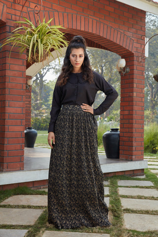 Black Printed Imported Indo Western Ready To Wear Skirt With Crop Top ClothsVilla