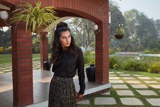 Black Printed Imported Indo Western Ready To Wear Skirt With Crop Top ClothsVilla