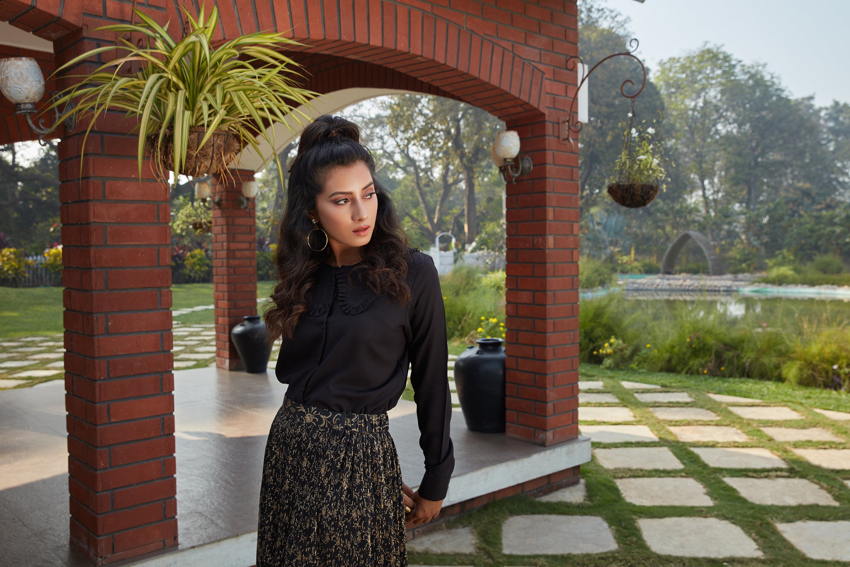 Black Printed Imported Indo Western Ready To Wear Skirt With Crop Top ClothsVilla