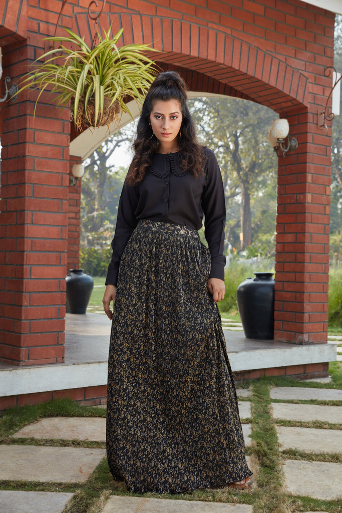 Black Printed Imported Indo Western Ready To Wear Skirt With Crop Top ClothsVilla