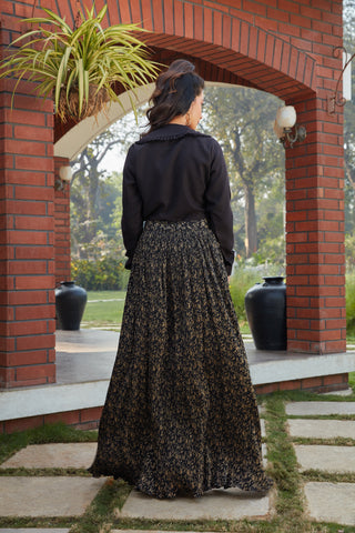 Black Printed Imported Indo Western Ready To Wear Skirt With Crop Top ClothsVilla