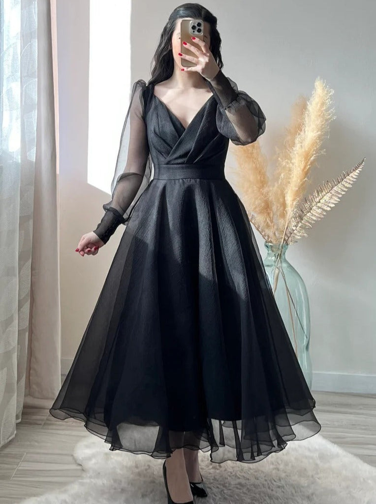Black Prom Dresses V-Neck Puffy Sleeves A-Line Evening Gown for Wedding Clothsvilla