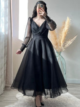 Load image into Gallery viewer, Black Prom Dresses V-Neck Puffy Sleeves A-Line Evening Gown for Wedding Clothsvilla