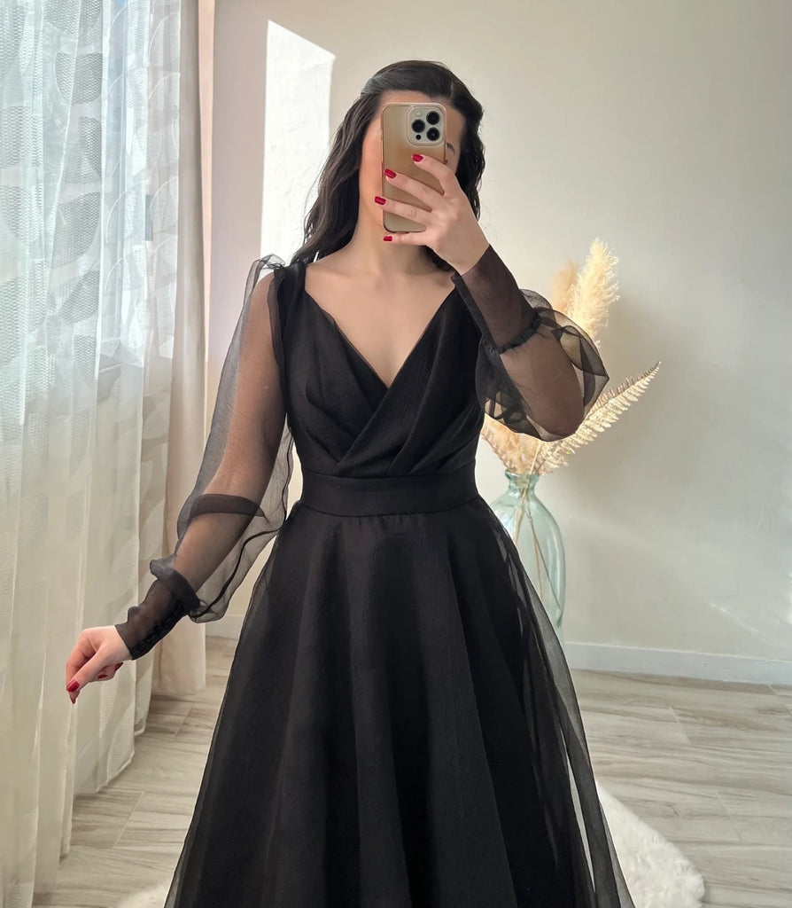 Black Prom Dresses V-Neck Puffy Sleeves A-Line Evening Gown for Wedding Clothsvilla
