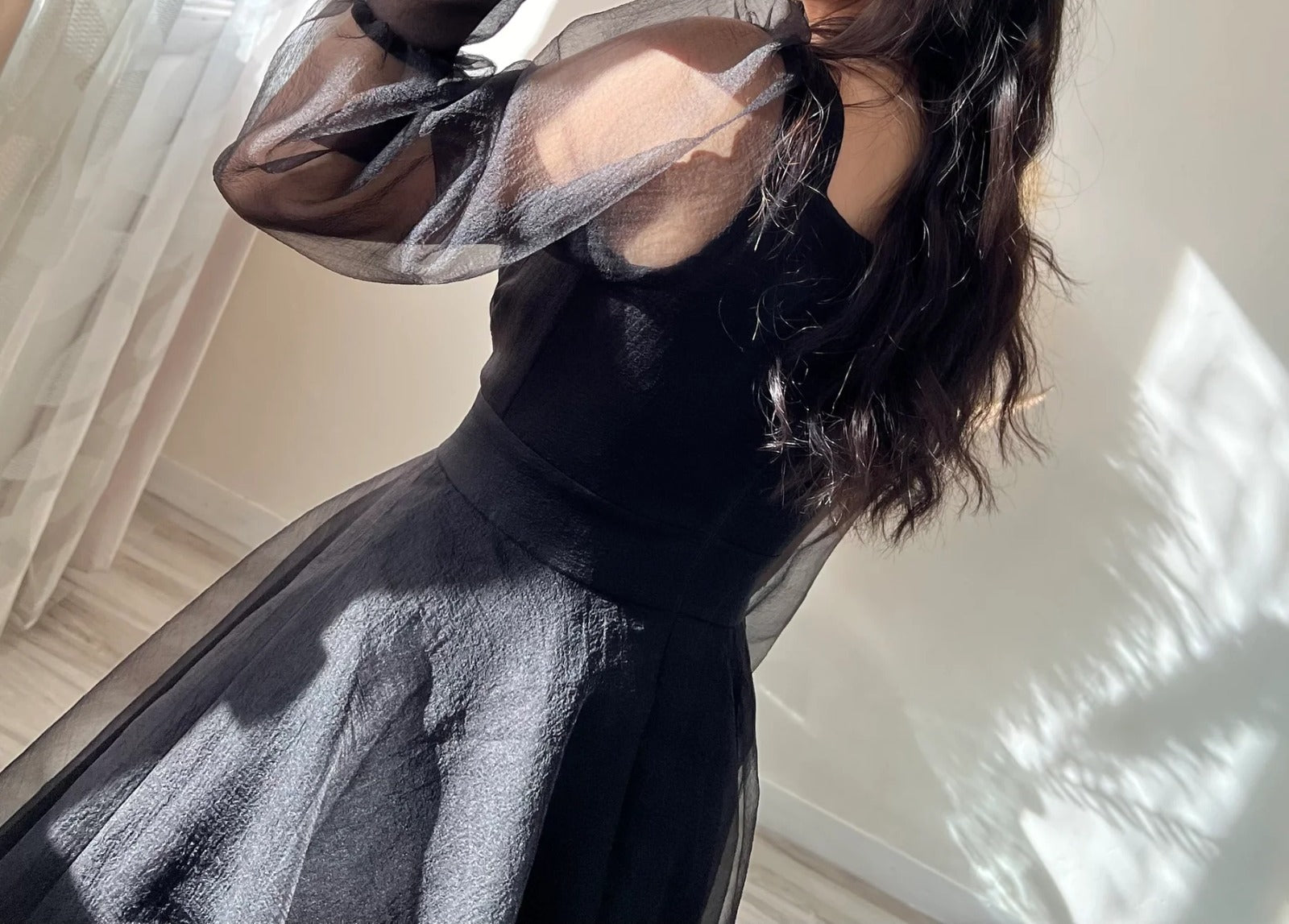 Black Prom Dresses V-Neck Puffy Sleeves A-Line Evening Gown for Wedding Clothsvilla