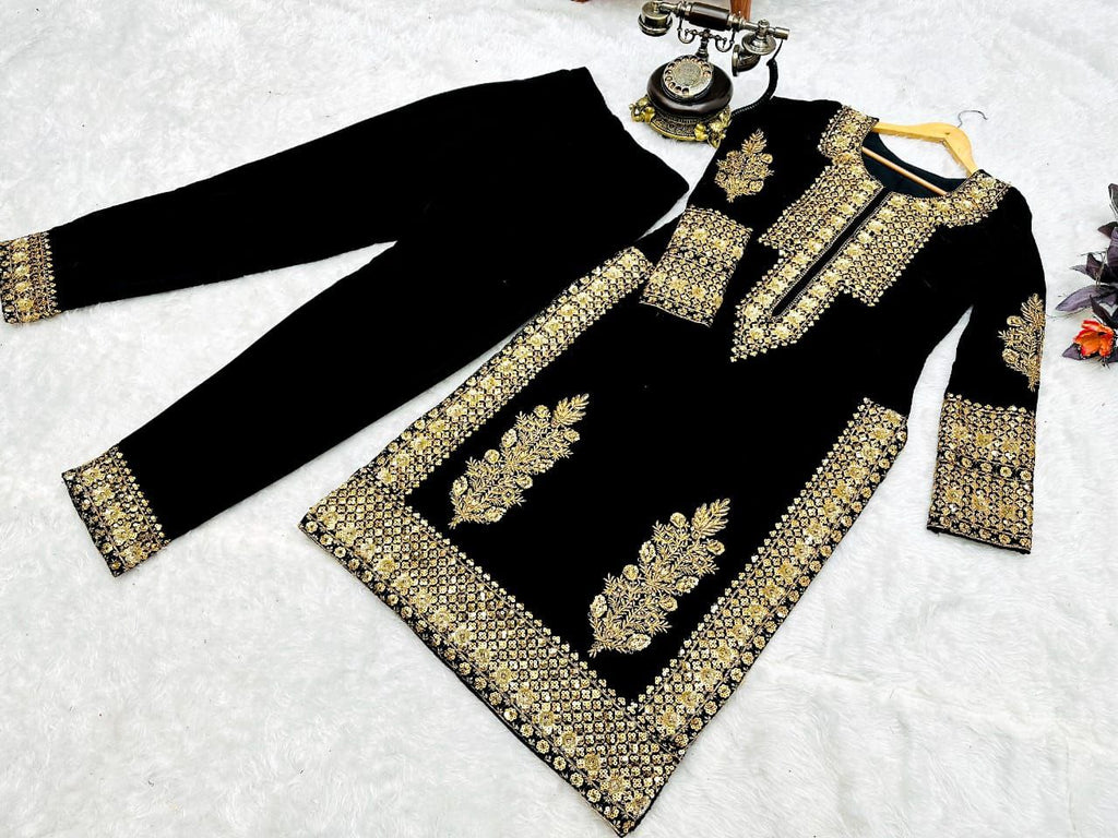 Black Salwar Suit in Velvet with Embroidery and Sequence Work ClothsVilla.com