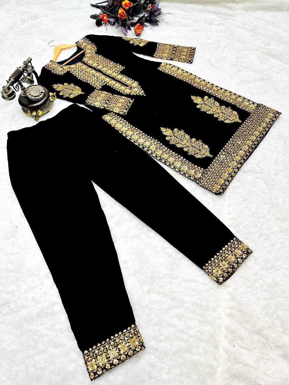 Black Salwar Suit in Velvet with Embroidery and Sequence Work ClothsVilla.com