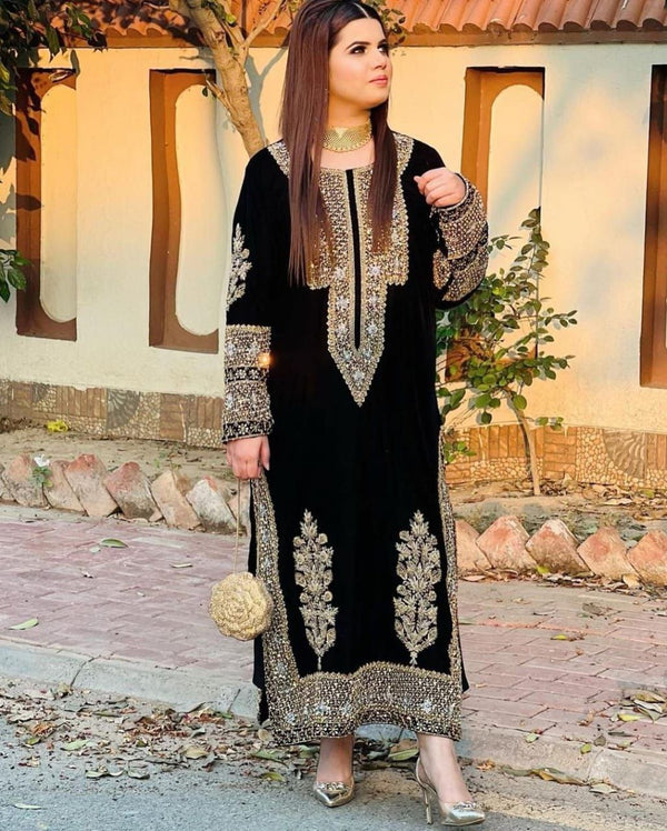 Black Salwar Suit in Velvet with Embroidery and Sequence Work ClothsVilla.com