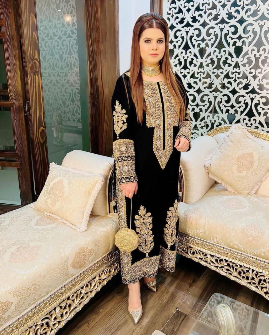 Black Salwar Suit in Velvet with Embroidery and Sequence Work ClothsVilla.com