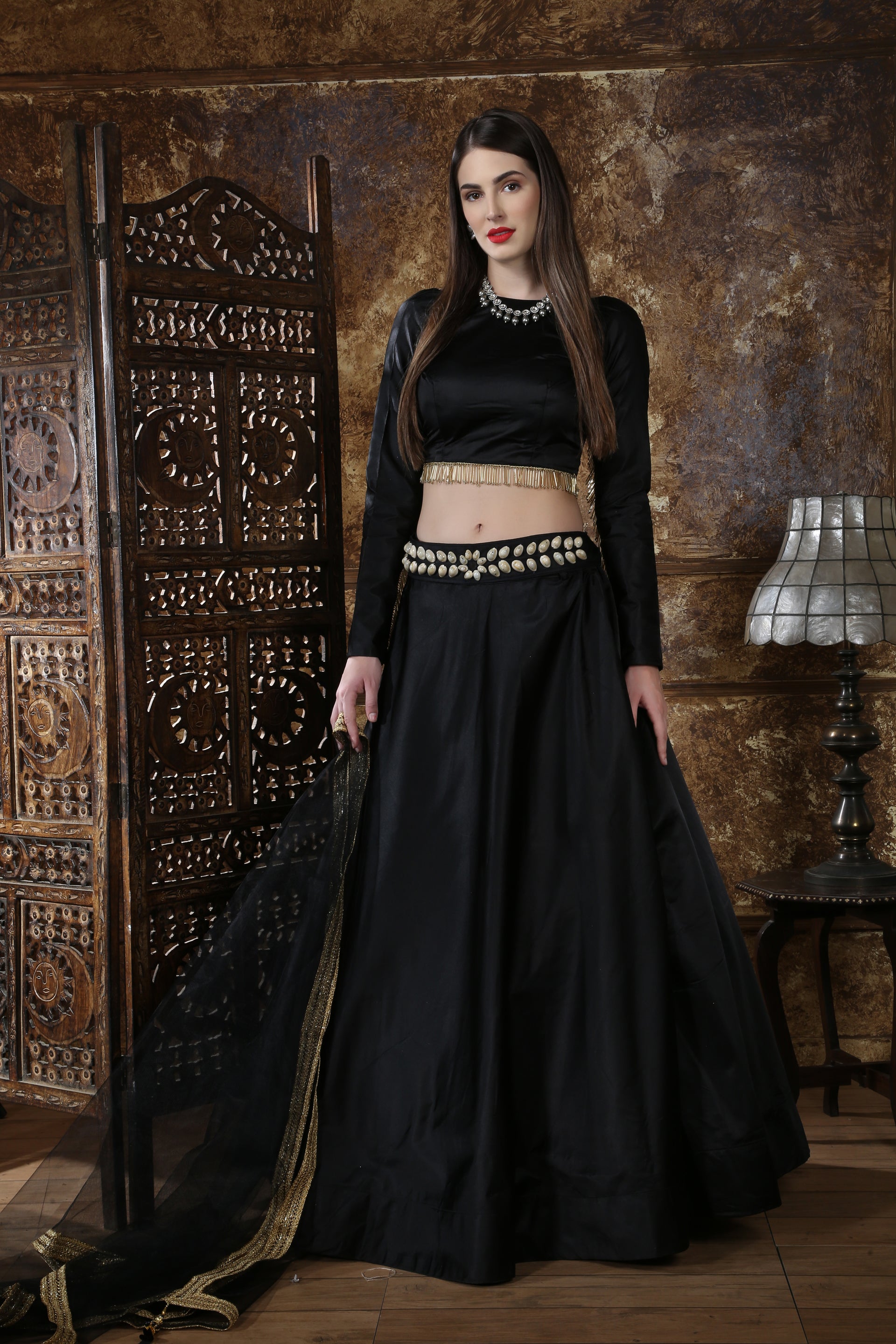 Black Satin Silk Partywear Lehenga Choli With Dupatta ClothsVilla Main image