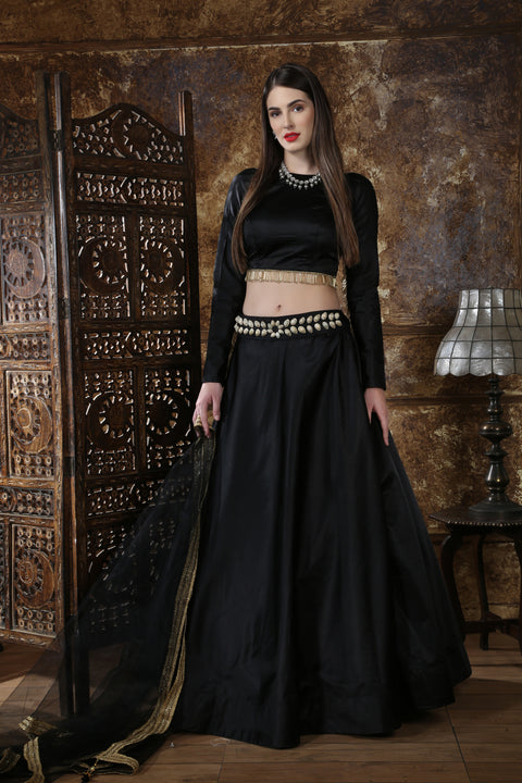 Black Satin Silk Partywear Lehenga Choli With Dupatta ClothsVilla Main image
