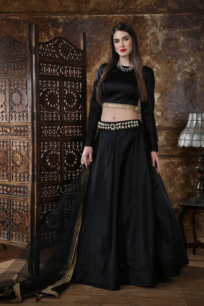 Black Satin Silk Partywear Lehenga Choli With Dupatta ClothsVilla