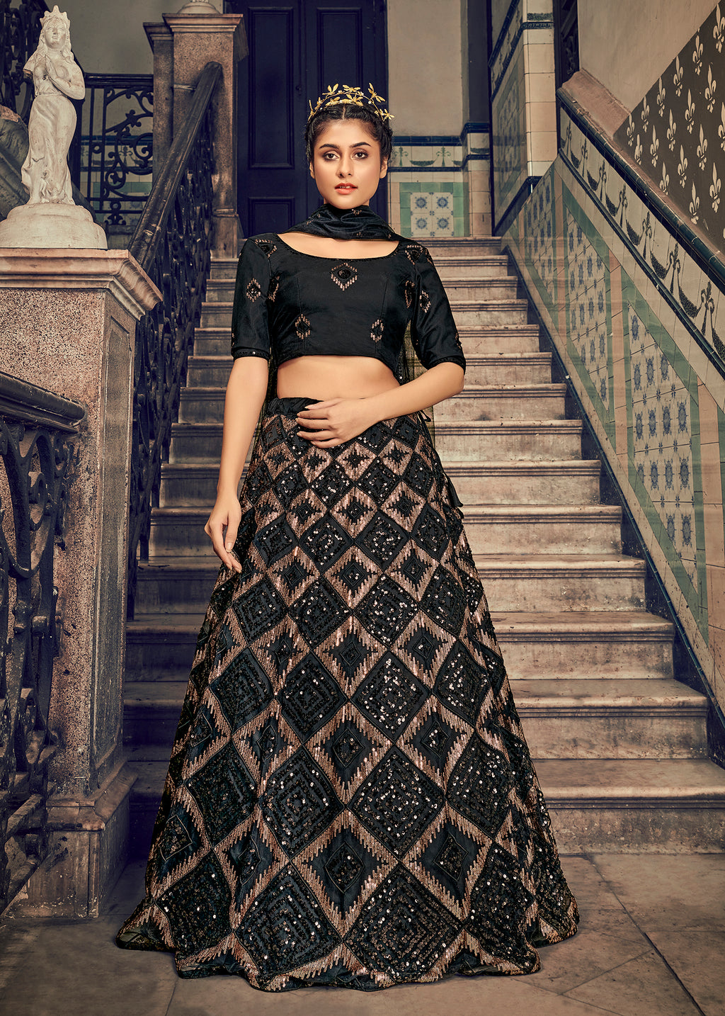 Black Sequins Embroidered Net Party Wear Lehenga Choli ClothsVilla