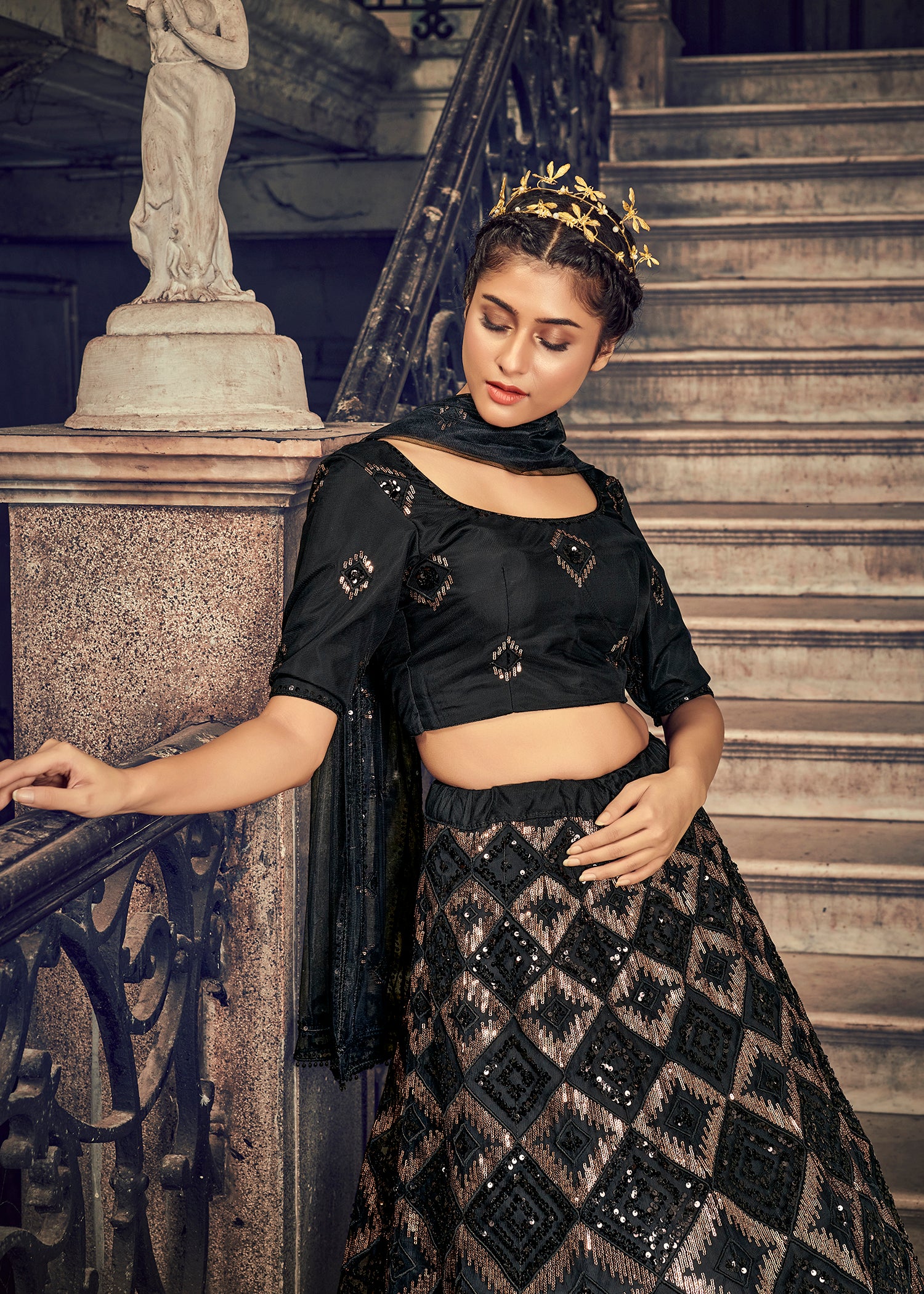 Black Sequins Embroidered Net Party Wear Lehenga Choli ClothsVilla