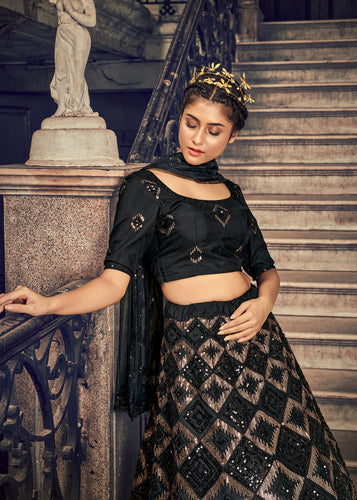 Black Sequins Embroidered Net Party Wear Lehenga Choli ClothsVilla