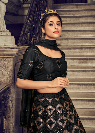 Black Sequins Embroidered Net Party Wear Lehenga Choli ClothsVilla