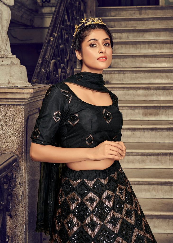 Black Lehenga with attached drape dupatta - Women - 1762294536