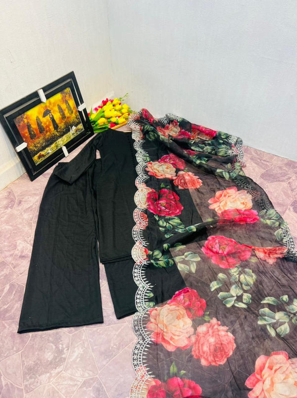 Black Sharara Palazzo Set in Cotton With Floral Dupatta ClothsVilla