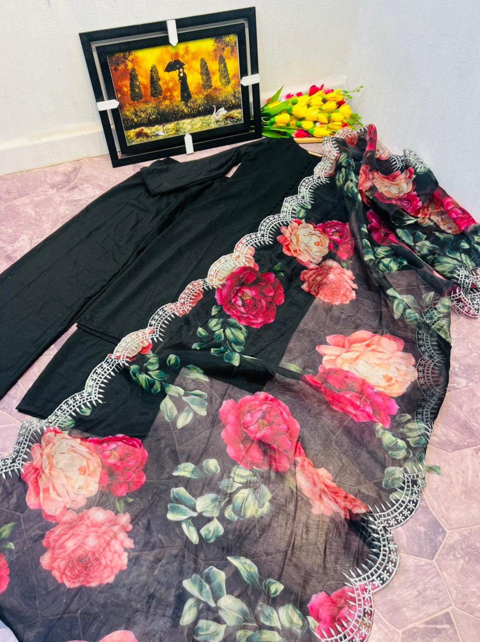 Black Sharara Palazzo Set in Cotton With Floral Dupatta ClothsVilla