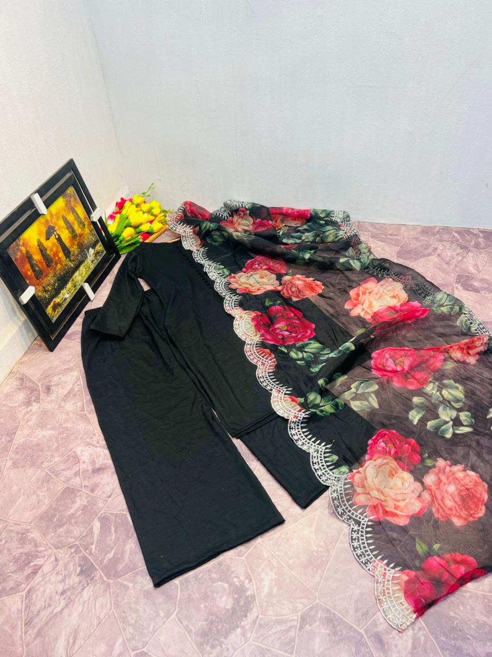 Black Sharara Palazzo Set in Cotton With Floral Dupatta ClothsVilla
