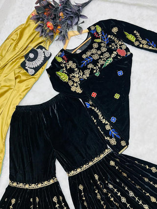 Black Sharara Sets in Velvet with Embroidery Sequence Work ClothsVilla